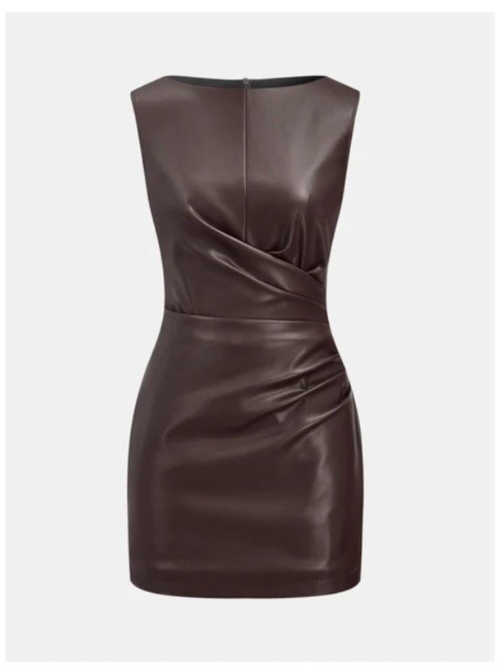 Commense Dress Womens Medium Brown Faux Leather Ruched Bodycon Mini Sleeveless